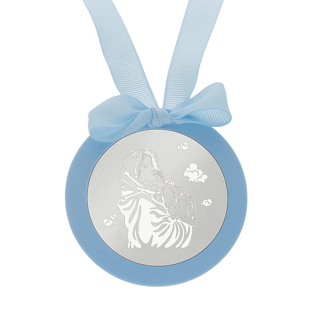 MEDALLA CUNA PLATA 925MM REDONDA VIRGEN Y NIÑO - MC1005Azul