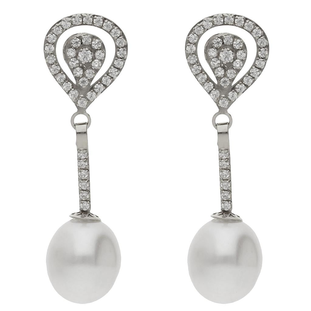 PENDIENTES ORO BLANCO 18KL PERLAS CULTIVADAS + CIRCONITAS - 9x31MM - P1478