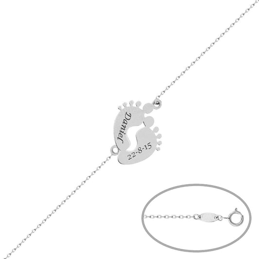 PULSERA ORO BLANCO 18KL PIES BEBE NOMBRE + FECHA - PU1351