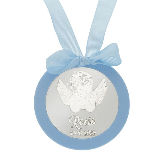 MEDALLA CUNA PLATA 925MM REDONDA ANGEL - MC1000Azul