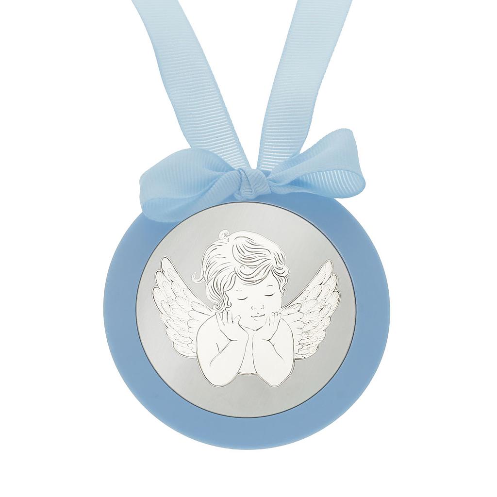 MEDALLA CUNA PLATA 925MM REDONDA ANGEL - MC1001Azul
