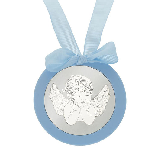 MEDALLA CUNA PLATA 925MM REDONDA ANGEL - MC1001Azul