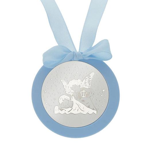 MEDALLA CUNA PLATA 925MM REDONDA ANGEL DE LA GUARDA - MC1003Azul