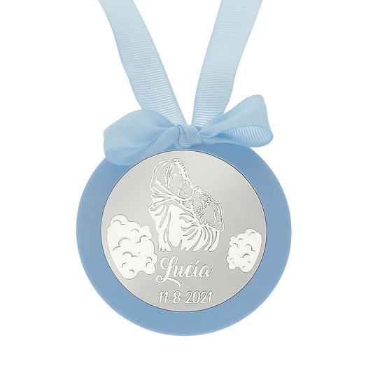 MEDALLA CUNA PLATA 925MM REDONDA VIRGEN + NIÑO - MC1004Azul