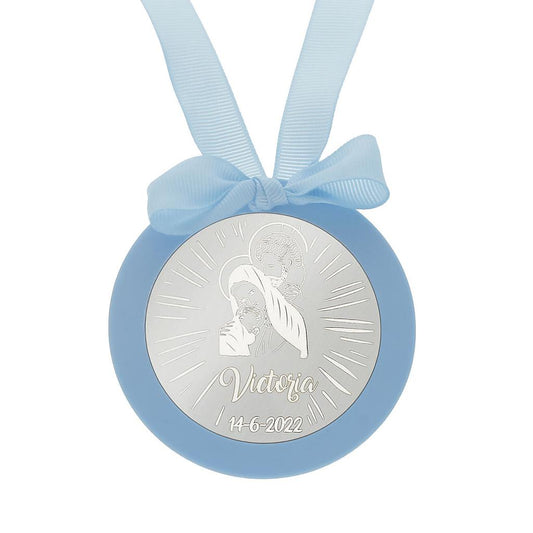 MEDALLA CUNA PLATA 925MM REDONDA SAGRADA FAMILIA - MC1006Azul