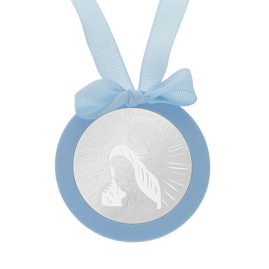 MEDALLA CUNA PLATA 925MM REDONDA SAGRADA FAMILIA - MC1007Azul