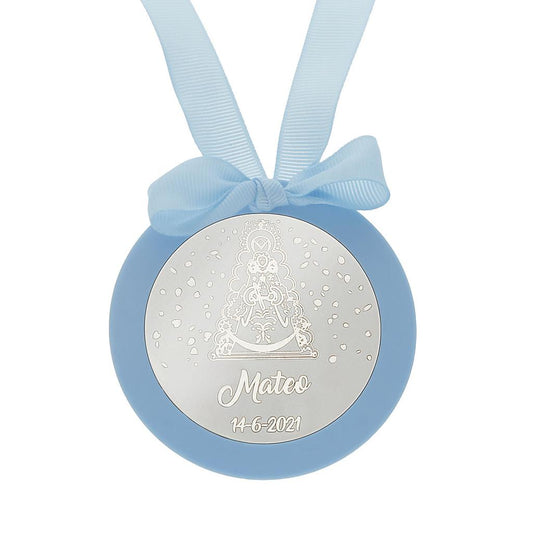 MEDALLA CUNA PLATA 925MM REDONDA VIRGEN DEL ROCIO - MC1008Azul