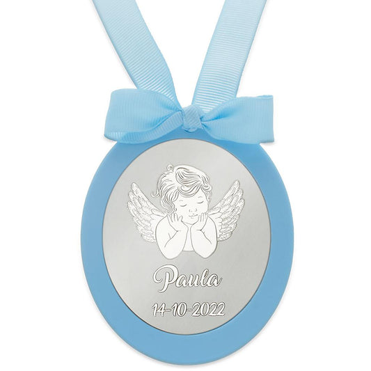 MEDALLA CUNA PLATA 925MM OVALADA ANGEL - MC1012Azul