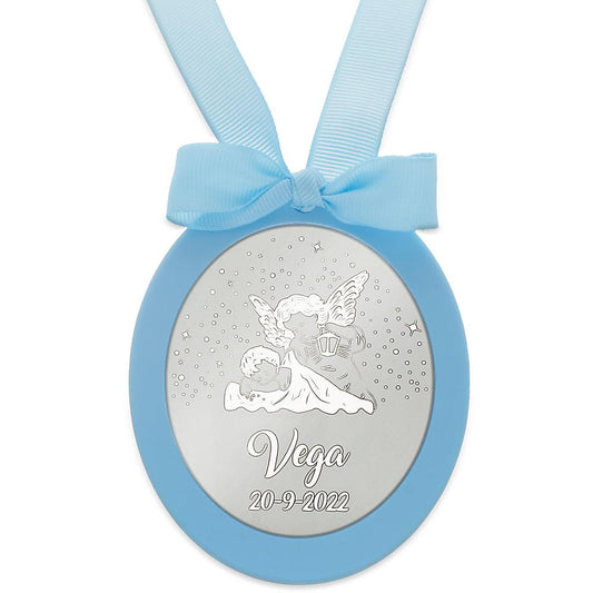 MEDALLA CUNA PLATA 925MM OVALADA ANGEL DE LA GUARDA - MC1014Azul