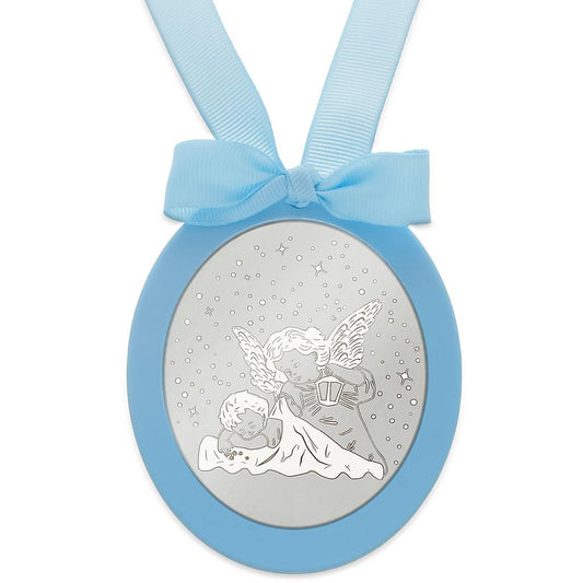 MEDALLA CUNA PLATA 925MM OVALADA ANGEL DE LA GUARDA - MC1015Azul