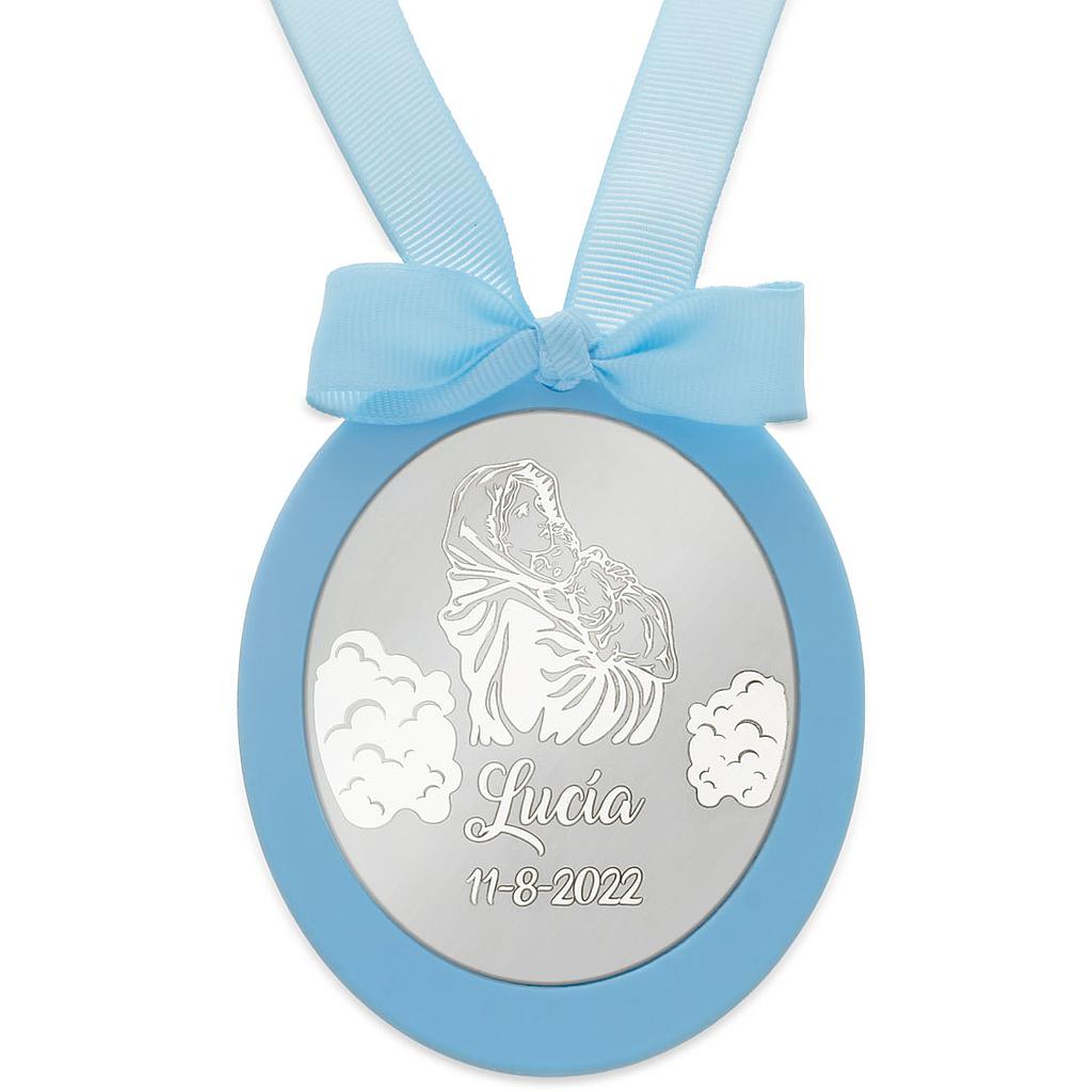 MEDALLA CUNA PLATA 925MM OVALADA VIRGEN + NIÑO - MC1016Azul