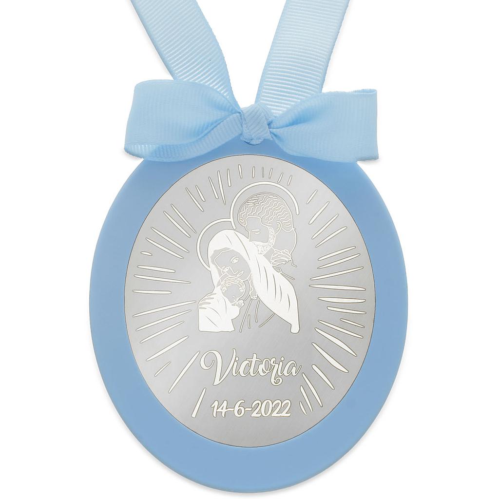 MEDALLA CUNA PLATA 925MM OVALADA SAGRADA FAMILIA - MC1018Azul