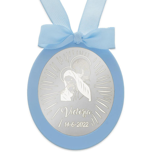 MEDALLA CUNA PLATA 925MM OVALADA SAGRADA FAMILIA - MC1018Azul