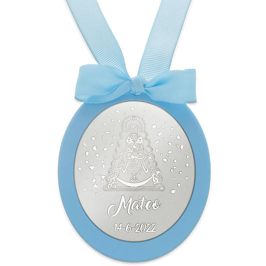 MEDALLA CUNA PLATA 925MM OVALADA VIRGEN DEL ROCIO - MC1020Azul