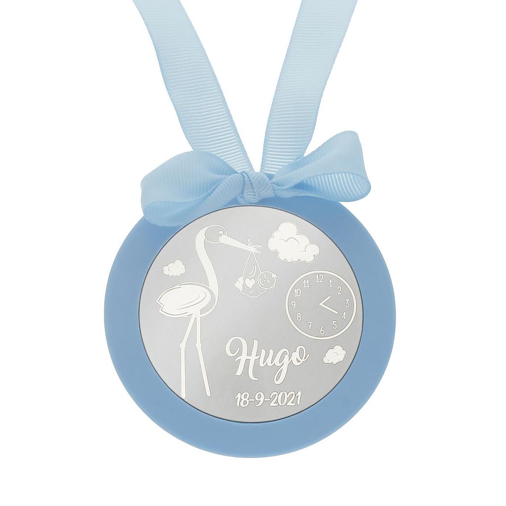MEDALLA CUNA PLATA 925MM REDONDA CIGÜEÑA - MC1024Azul