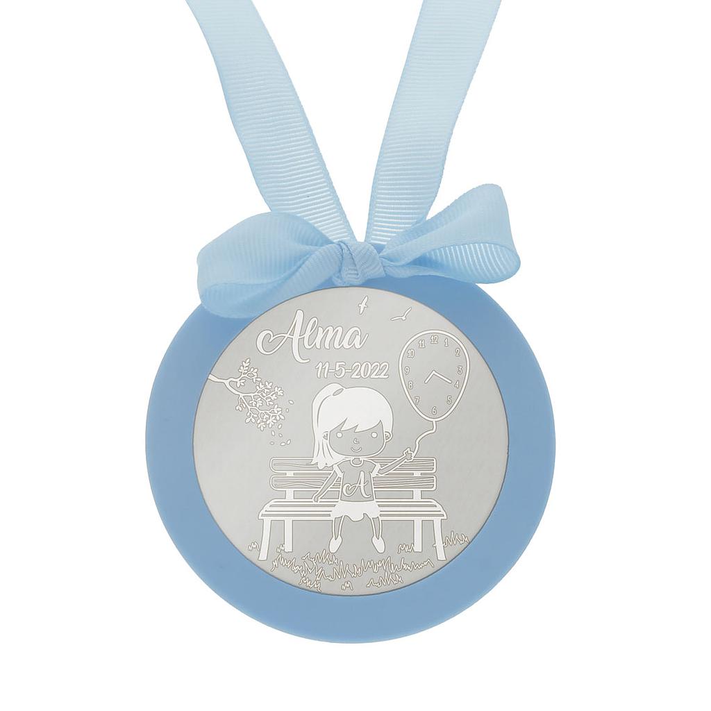 MEDALLA CUNA PLATA 925MM REDONDA NIÑA + GLOBO - MC1028Azul