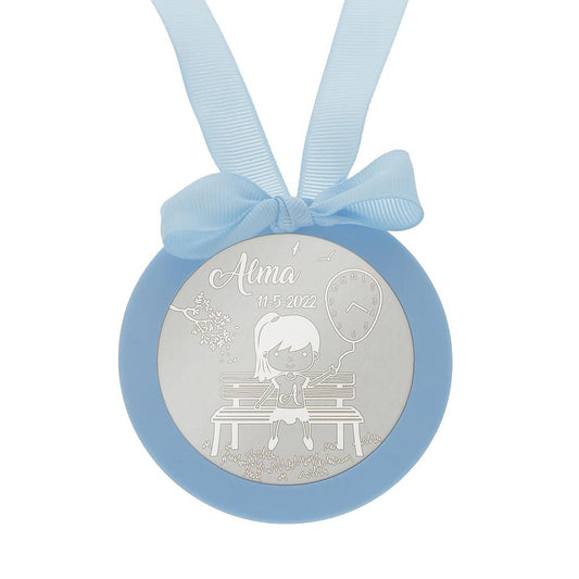 MEDALLA CUNA PLATA 925MM REDONDA NIÑA + GLOBO - MC1028Azul