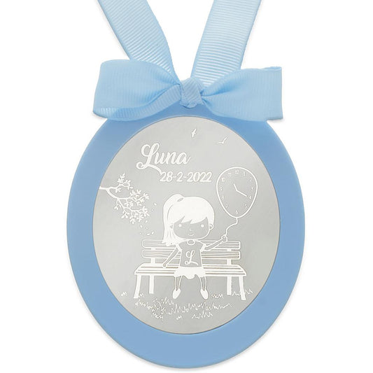 MEDALLA CUNA PLATA 925MM OVALADA NIÑA GLOBO - MC1029Azul