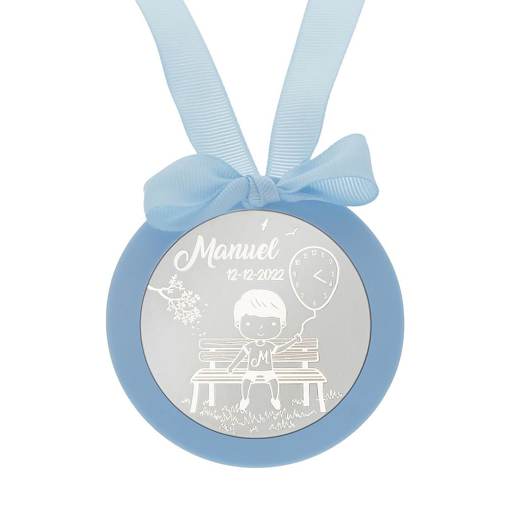 MEDALLA CUNA PLATA 925MM REDONDA NIÑO + GLOBO - MC1030Azul