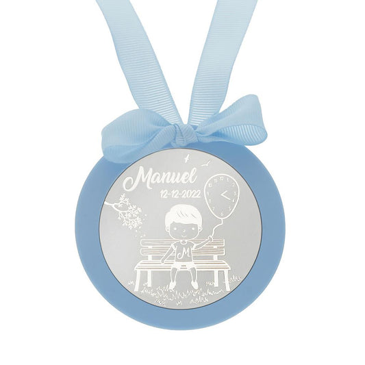 MEDALLA CUNA PLATA 925MM REDONDA NIÑO + GLOBO - MC1030Azul