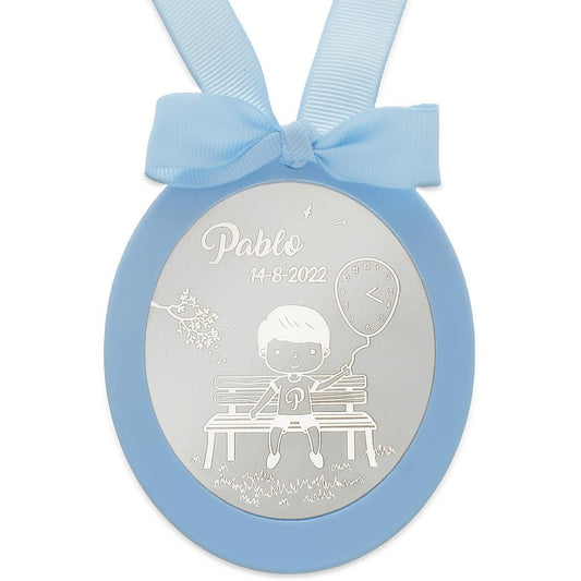 MEDALLA CUNA PLATA 925MM OVALADA NIÑO GLOBO - MC1031Azul