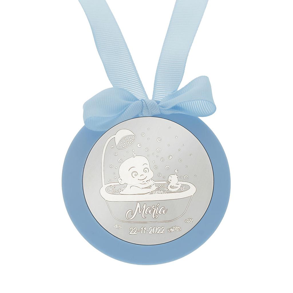 MEDALLA CUNA PLATA 925MM REDONDA BEBE + BAÑERA - MC1032Azul