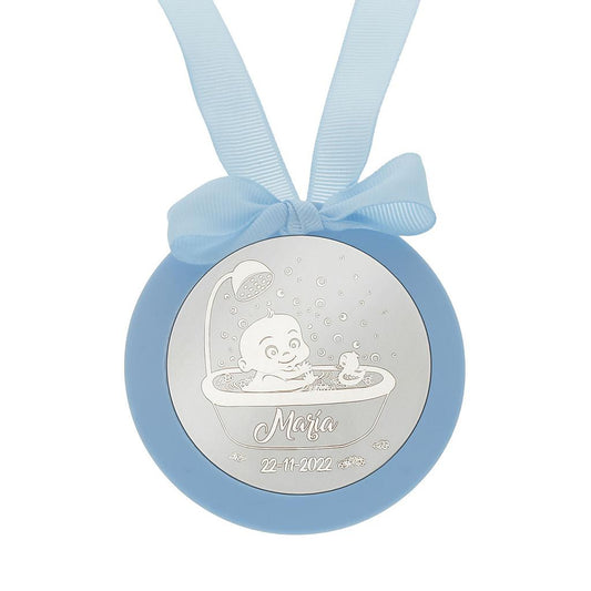 MEDALLA CUNA PLATA 925MM REDONDA BEBE + BAÑERA - MC1032Azul