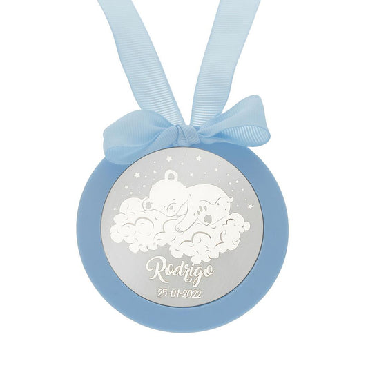 MEDALLA CUNA PLATA 925MM REDONDA OSO + NUBES - MC1034Azul