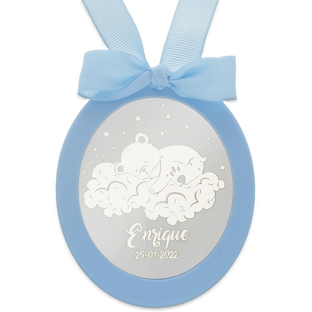 MEDALLA CUNA PLATA 925MM OVALADA OSO NUBES - MC1035Azul