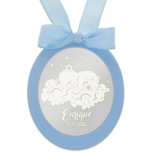 MEDALLA CUNA PLATA 925MM OVALADA OSO NUBES - MC1035Azul