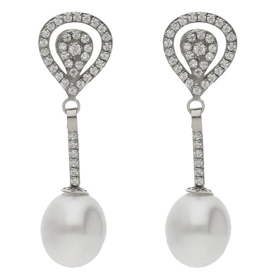 PENDIENTES ORO BLANCO 18KL PERLAS CULTIVADAS + CIRCONITAS - 9x31MM - P1478